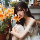 青春的妹子果然好(橘色的花風格) AI Generated