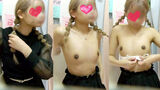 [eros2134 fitting room voyeur] A petite half girl with black nipples who tries on a bra that is too small to have cleavage at all